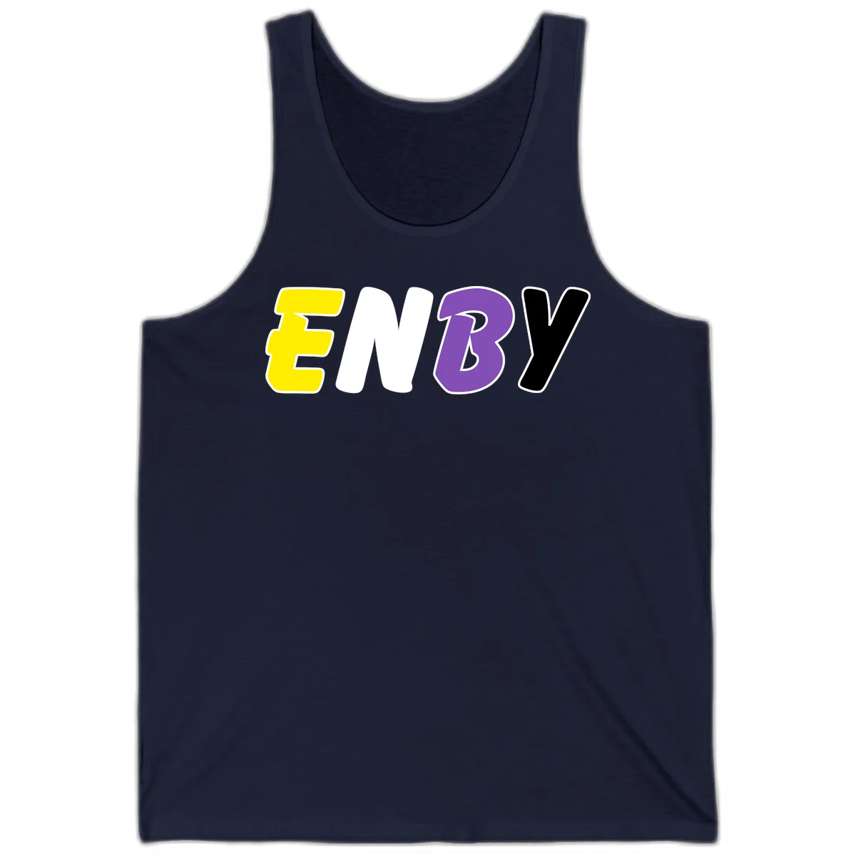 Colorful enjoy-three-seven-pride design with bold yellow, white, purple, and black letters on gray background in Navy