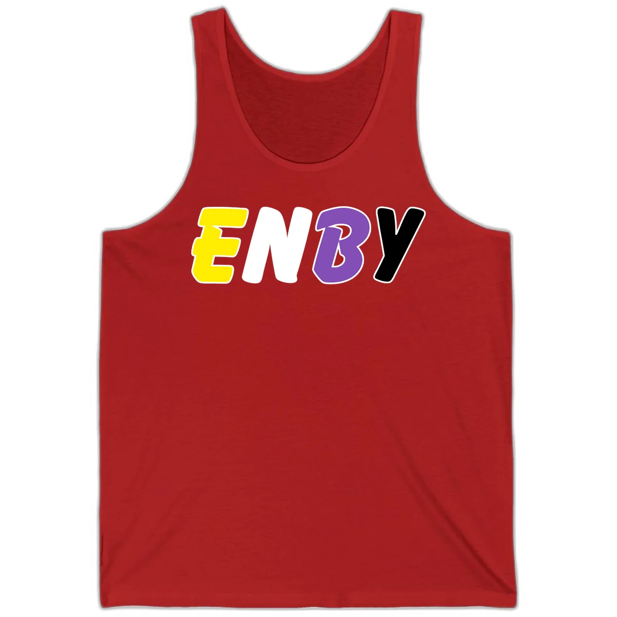 Colorful enjoy-three-seven-pride design with bold yellow, white, purple, and black letters on gray background in Red