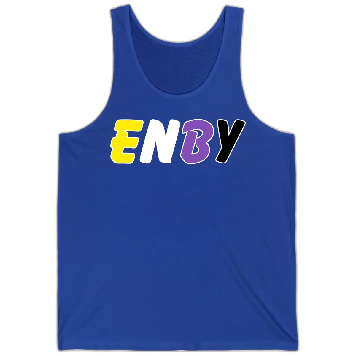 Colorful enjoy-three-seven-pride design with bold yellow, white, purple, and black letters on gray background in True Royal