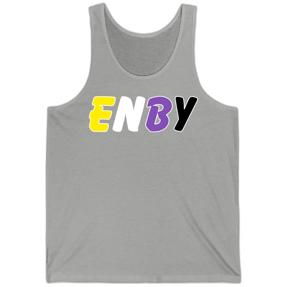 Colorful enjoy-three-seven-pride design with bold yellow, white, purple, and black letters on gray background in Athletic Heather