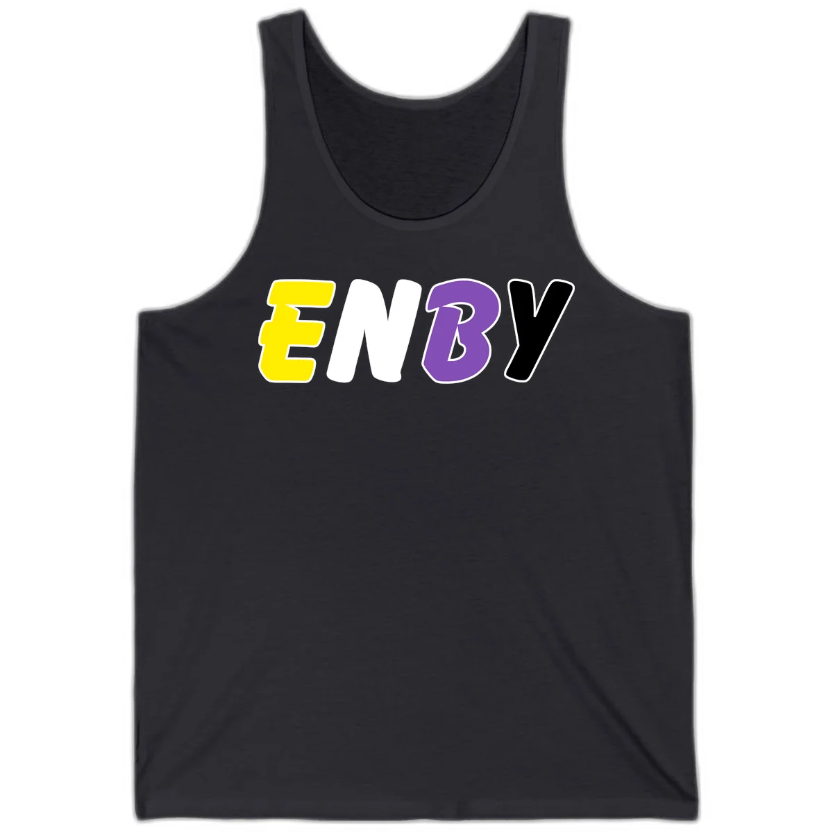 Colorful enjoy-three-seven-pride design with bold yellow, white, purple, and black letters on gray background in Dark Grey