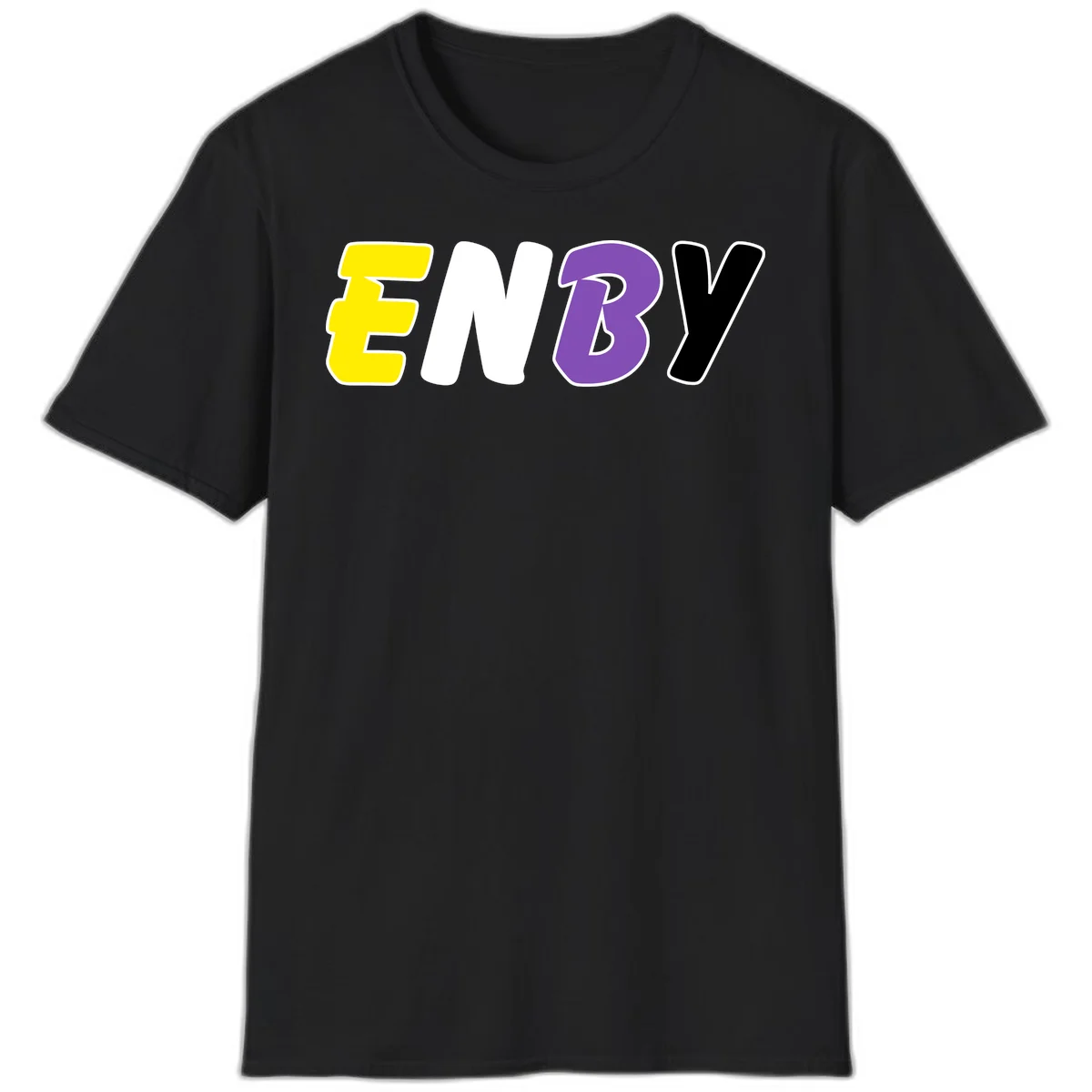 Colorful enjoy-three-seven-pride design with bold yellow, white, purple, and black letters on gray background in Black