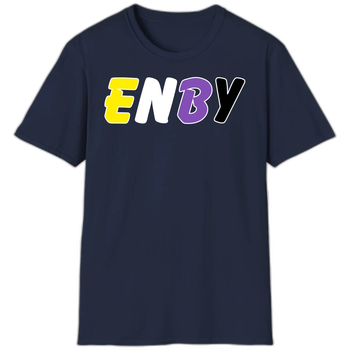 Colorful enjoy-three-seven-pride design with bold yellow, white, purple, and black letters on gray background in Navy