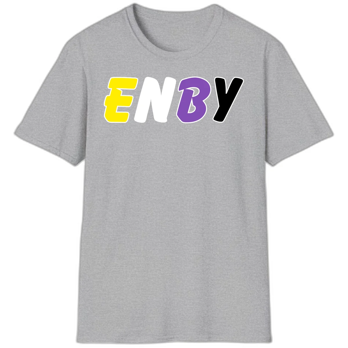Colorful enjoy-three-seven-pride design with bold yellow, white, purple, and black letters on gray background in Sport Grey