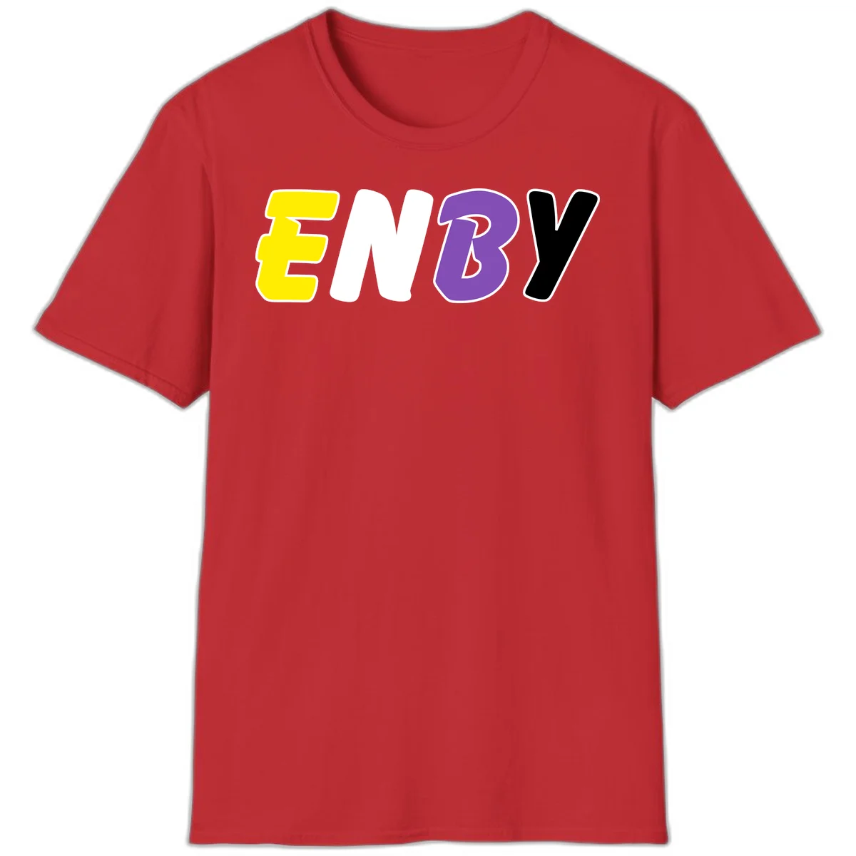 Colorful enjoy-three-seven-pride design with bold yellow, white, purple, and black letters on gray background in Red