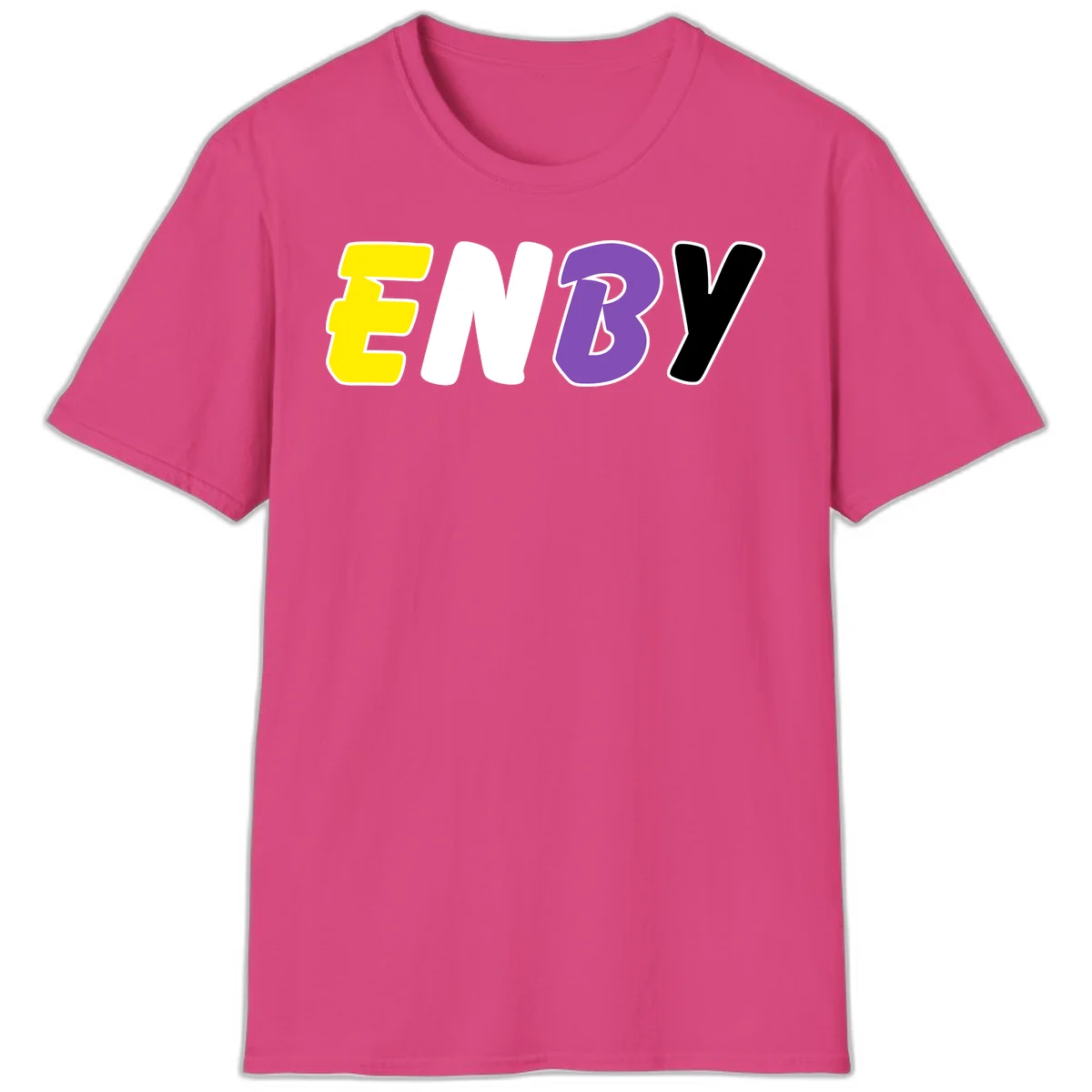 Colorful enjoy-three-seven-pride design with bold yellow, white, purple, and black letters on gray background in Heliconia