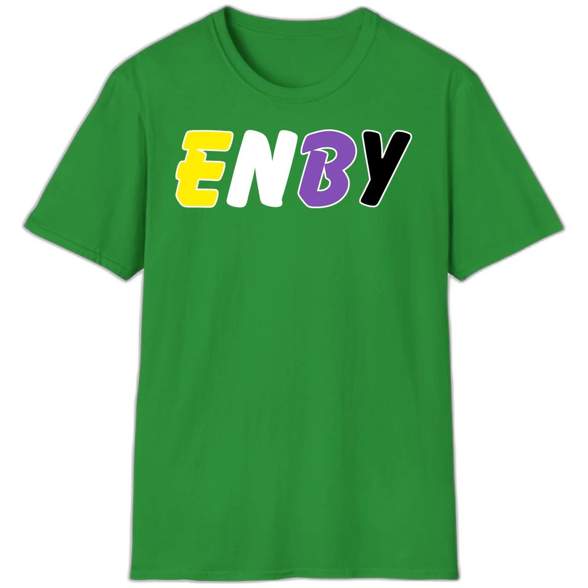Colorful enjoy-three-seven-pride design with bold yellow, white, purple, and black letters on gray background in Irish Green