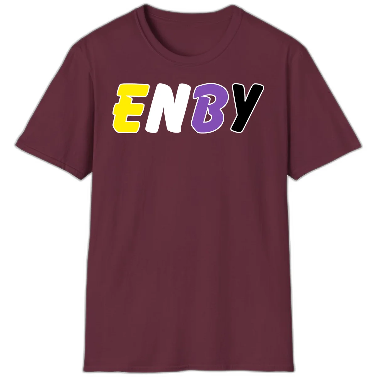 Colorful enjoy-three-seven-pride design with bold yellow, white, purple, and black letters on gray background in Maroon