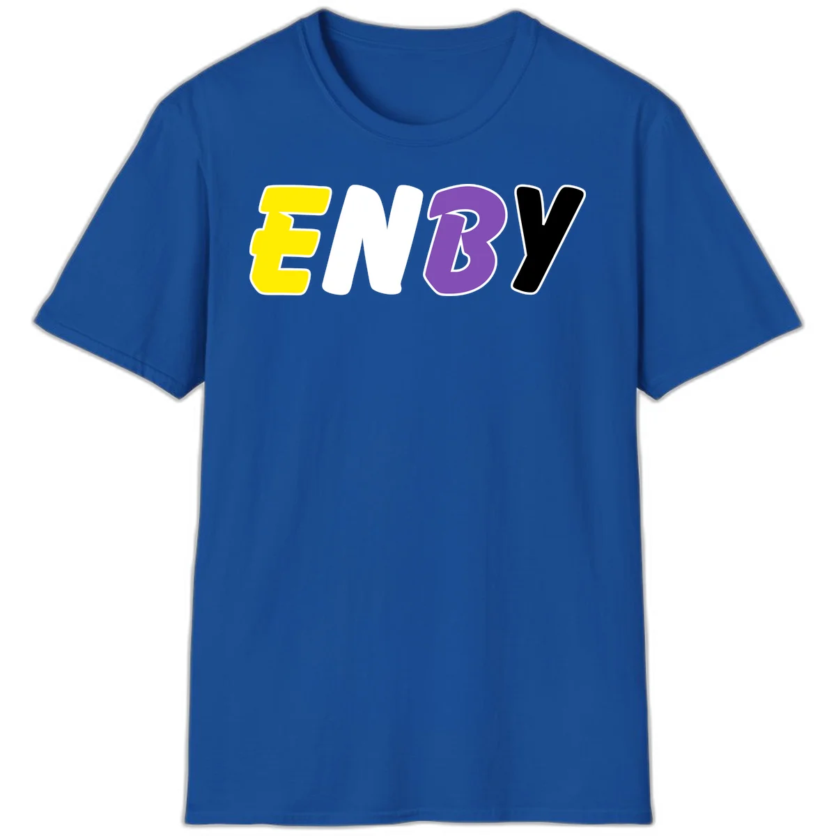 Colorful enjoy-three-seven-pride design with bold yellow, white, purple, and black letters on gray background in Royal