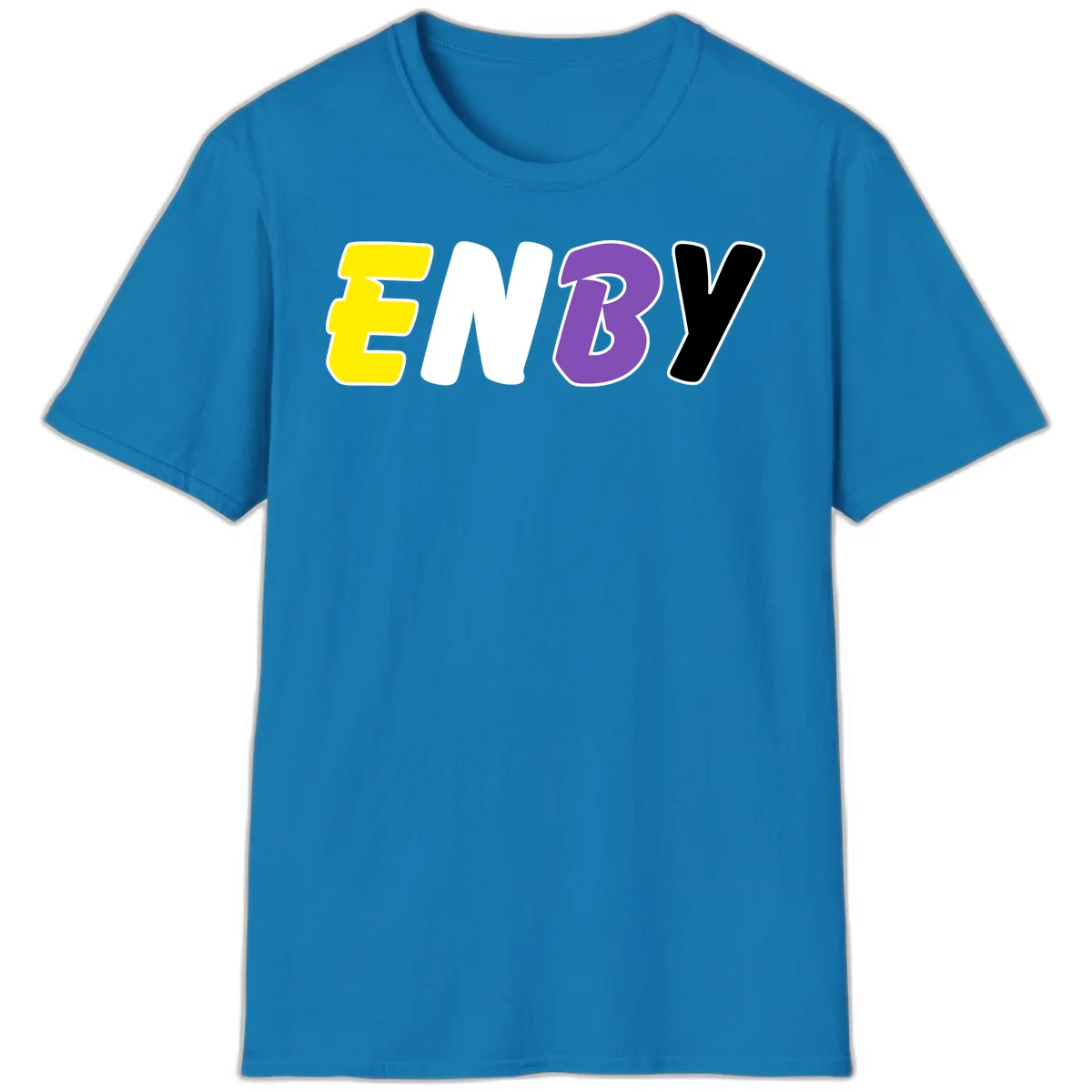 Colorful enjoy-three-seven-pride design with bold yellow, white, purple, and black letters on gray background in Sapphire