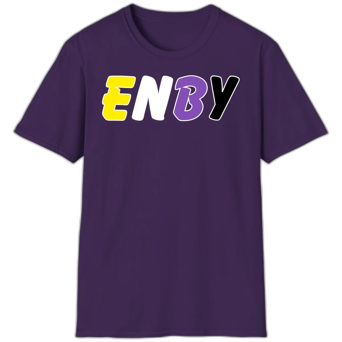 Colorful enjoy-three-seven-pride design with bold yellow, white, purple, and black letters on gray background in Purple