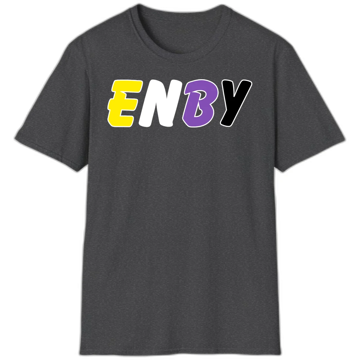 Colorful enjoy-three-seven-pride design with bold yellow, white, purple, and black letters on gray background in Dark Heather