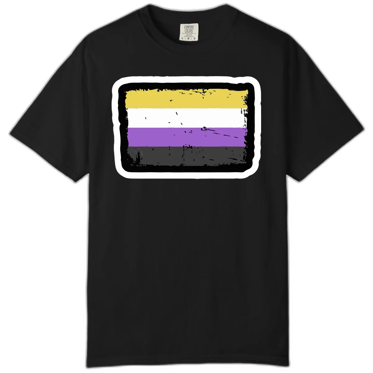 Nonbinary pride flag design with yellow, white, purple, and gray horizontal stripes in distressed grunge style in Black