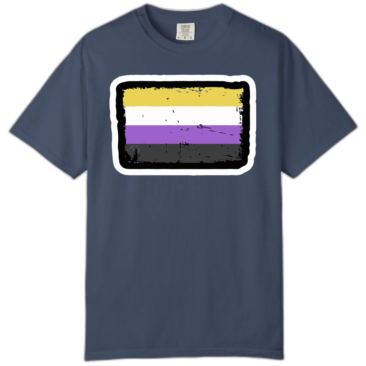 Nonbinary pride flag design with yellow, white, purple, and gray horizontal stripes in distressed grunge style in Midnight