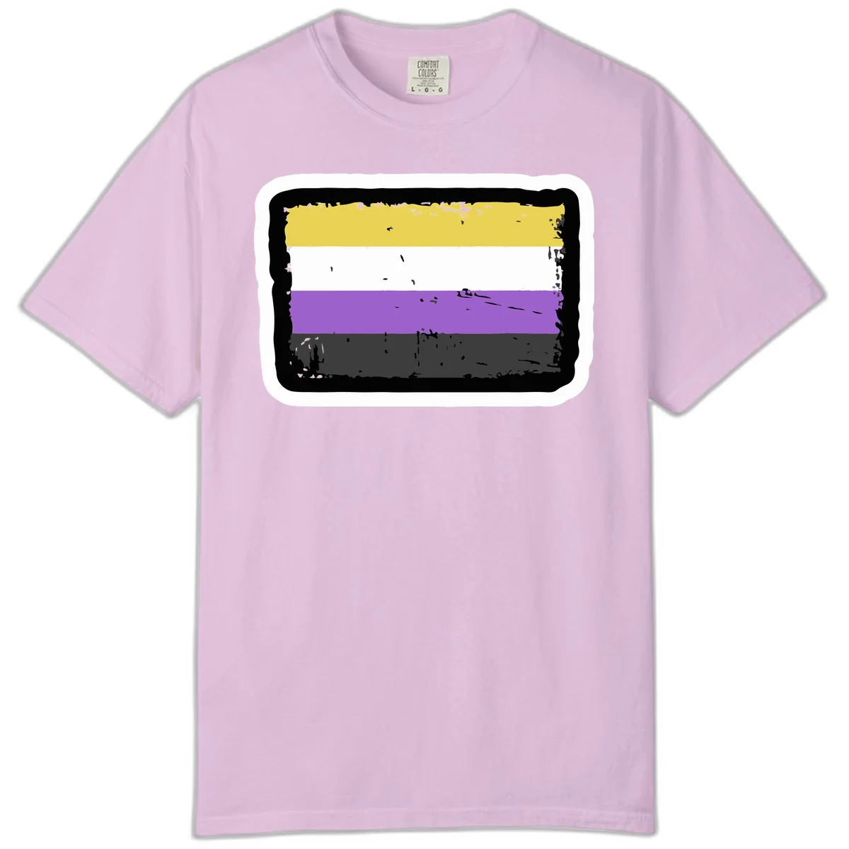 Nonbinary pride flag design with yellow, white, purple, and gray horizontal stripes in distressed grunge style in Orchid