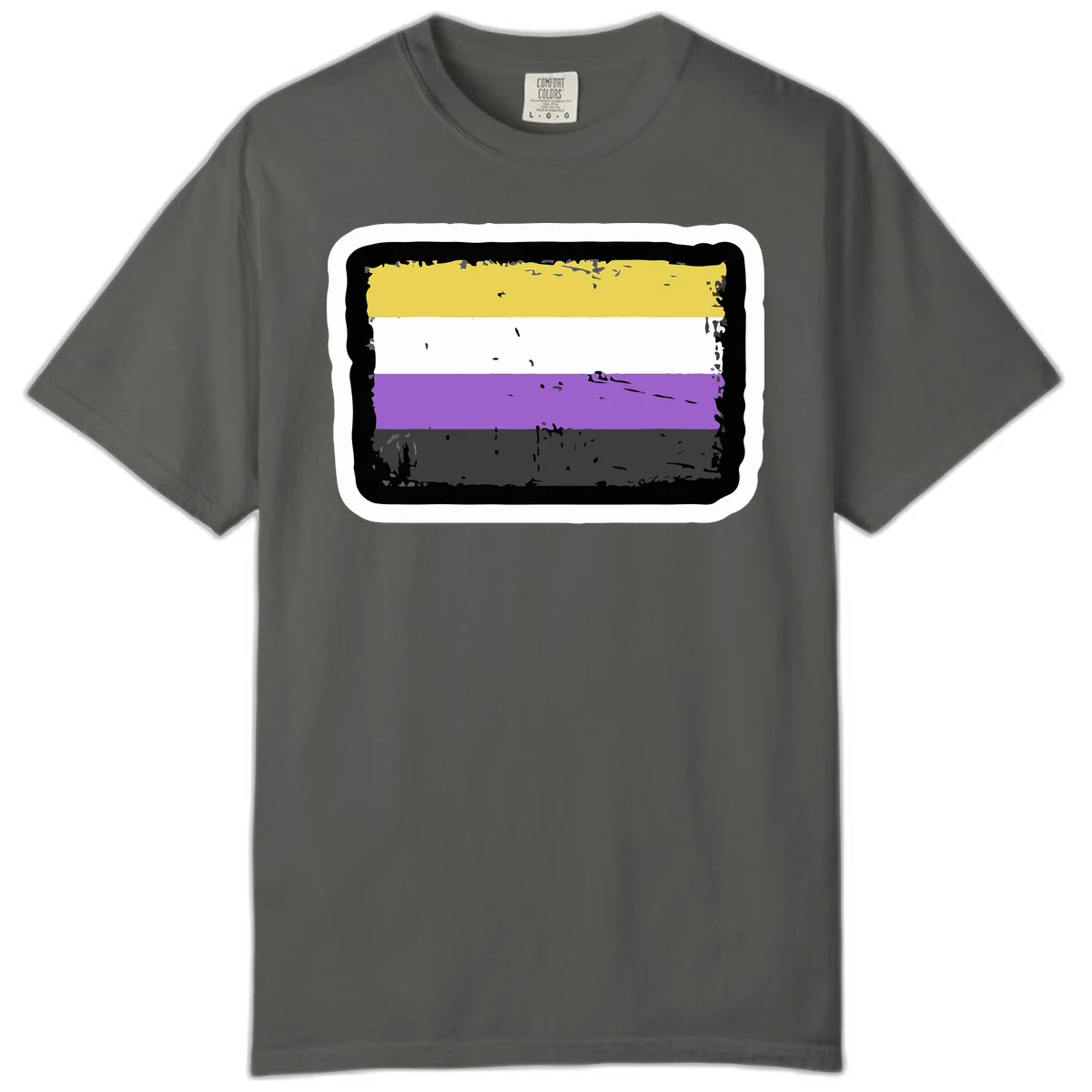 Nonbinary pride flag design with yellow, white, purple, and gray horizontal stripes in distressed grunge style in Pepper