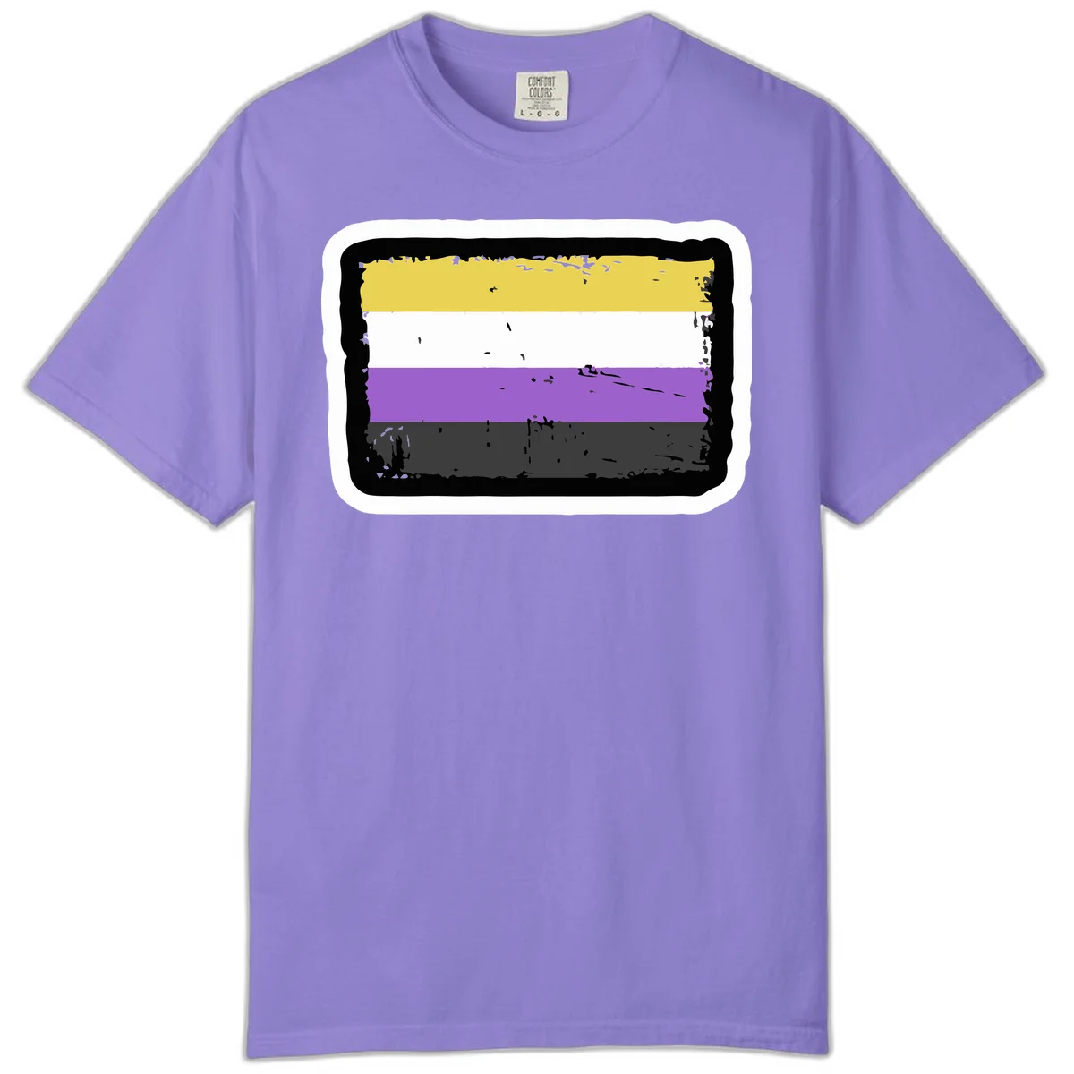 Nonbinary pride flag design with yellow, white, purple, and gray horizontal stripes in distressed grunge style in Violet