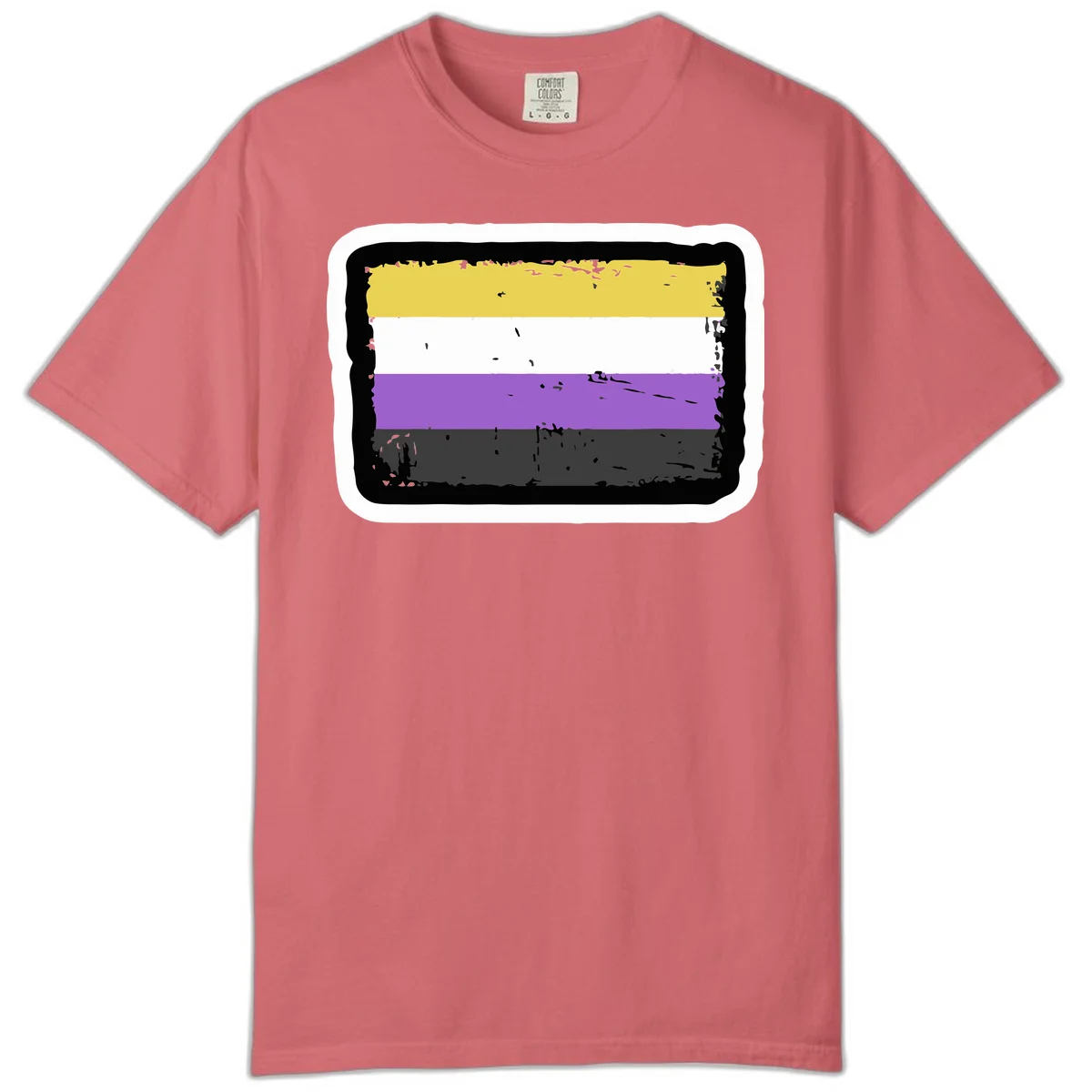 Nonbinary pride flag design with yellow, white, purple, and gray horizontal stripes in distressed grunge style in Watermelon