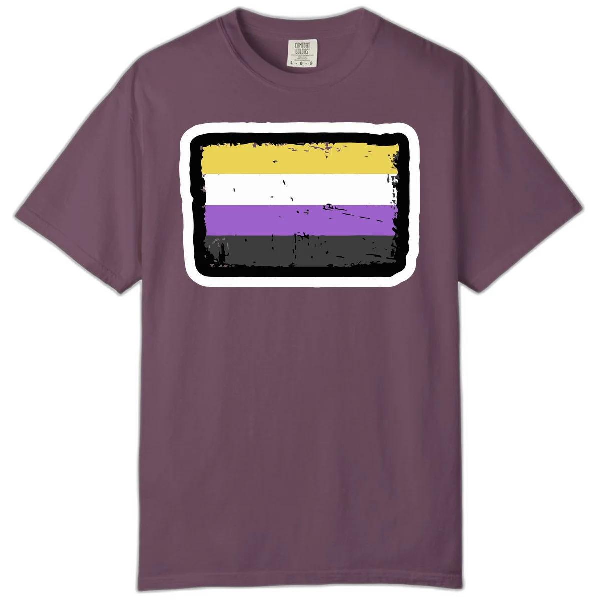 Nonbinary pride flag design with yellow, white, purple, and gray horizontal stripes in distressed grunge style in Berry