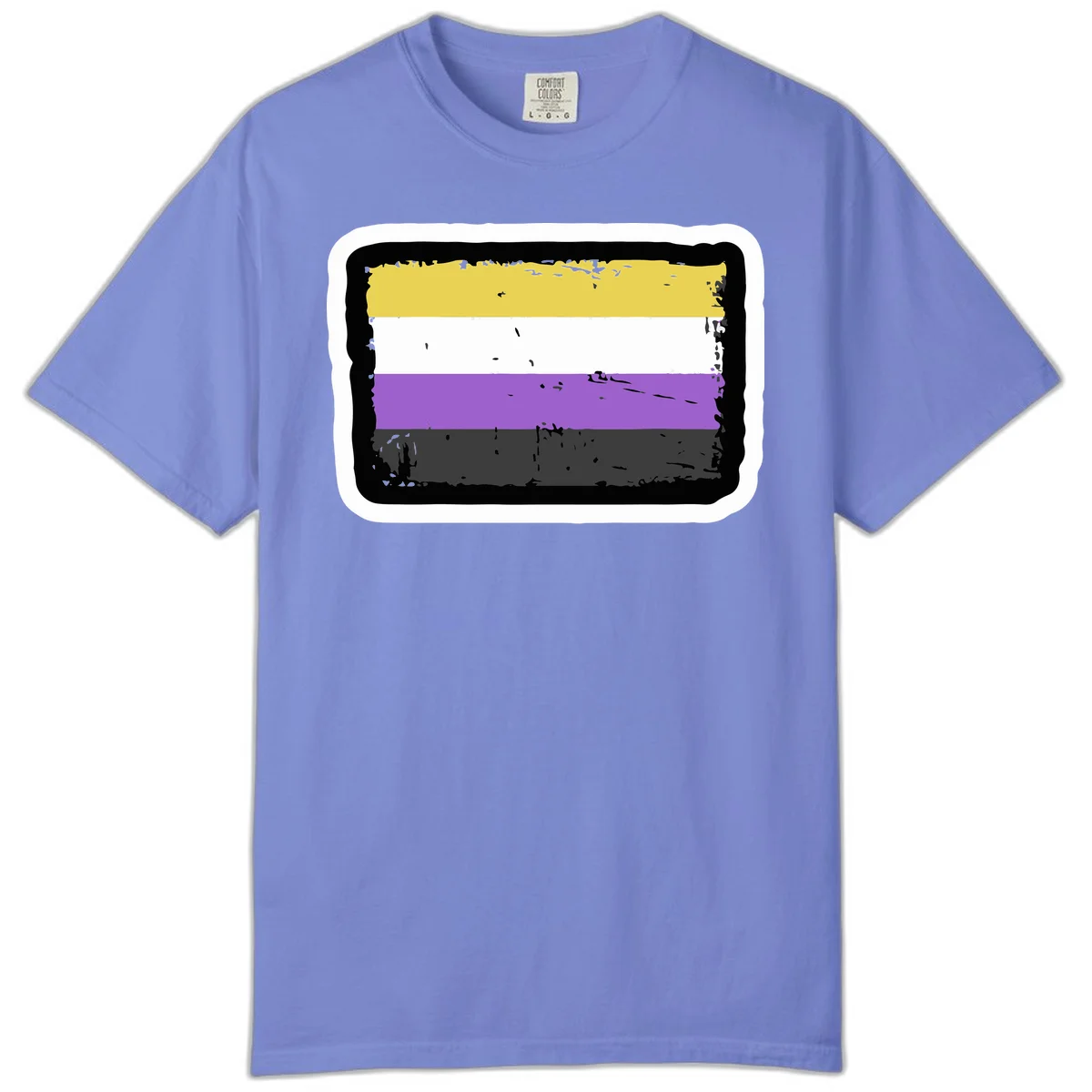 Nonbinary pride flag design with yellow, white, purple, and gray horizontal stripes in distressed grunge style in Flo Blue