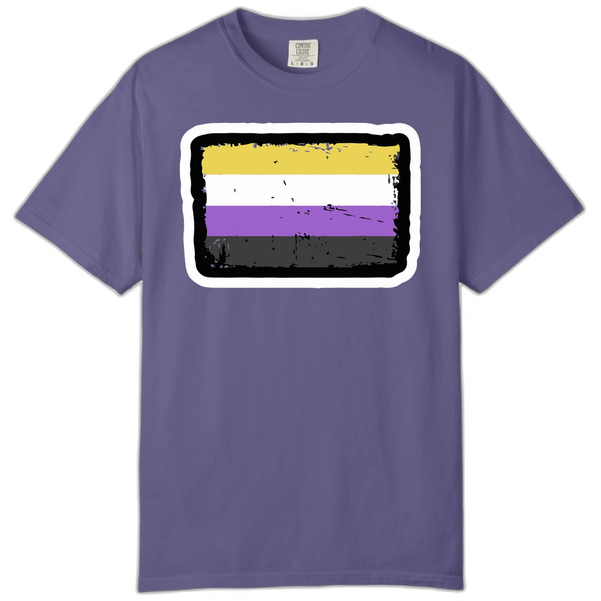Nonbinary pride flag design with yellow, white, purple, and gray horizontal stripes in distressed grunge style in Grape