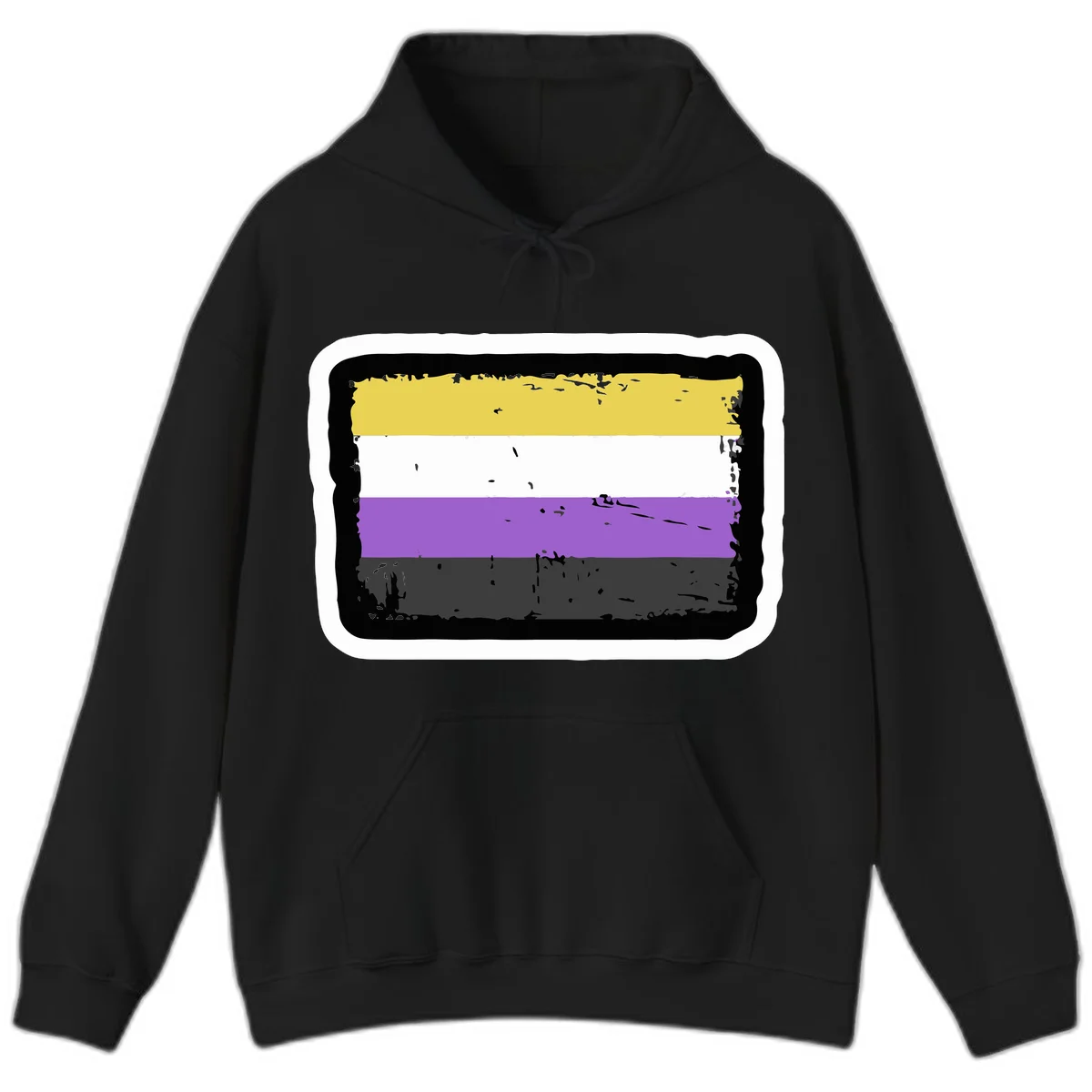 Nonbinary pride flag design with yellow, white, purple, and gray horizontal stripes in distressed grunge style in Black