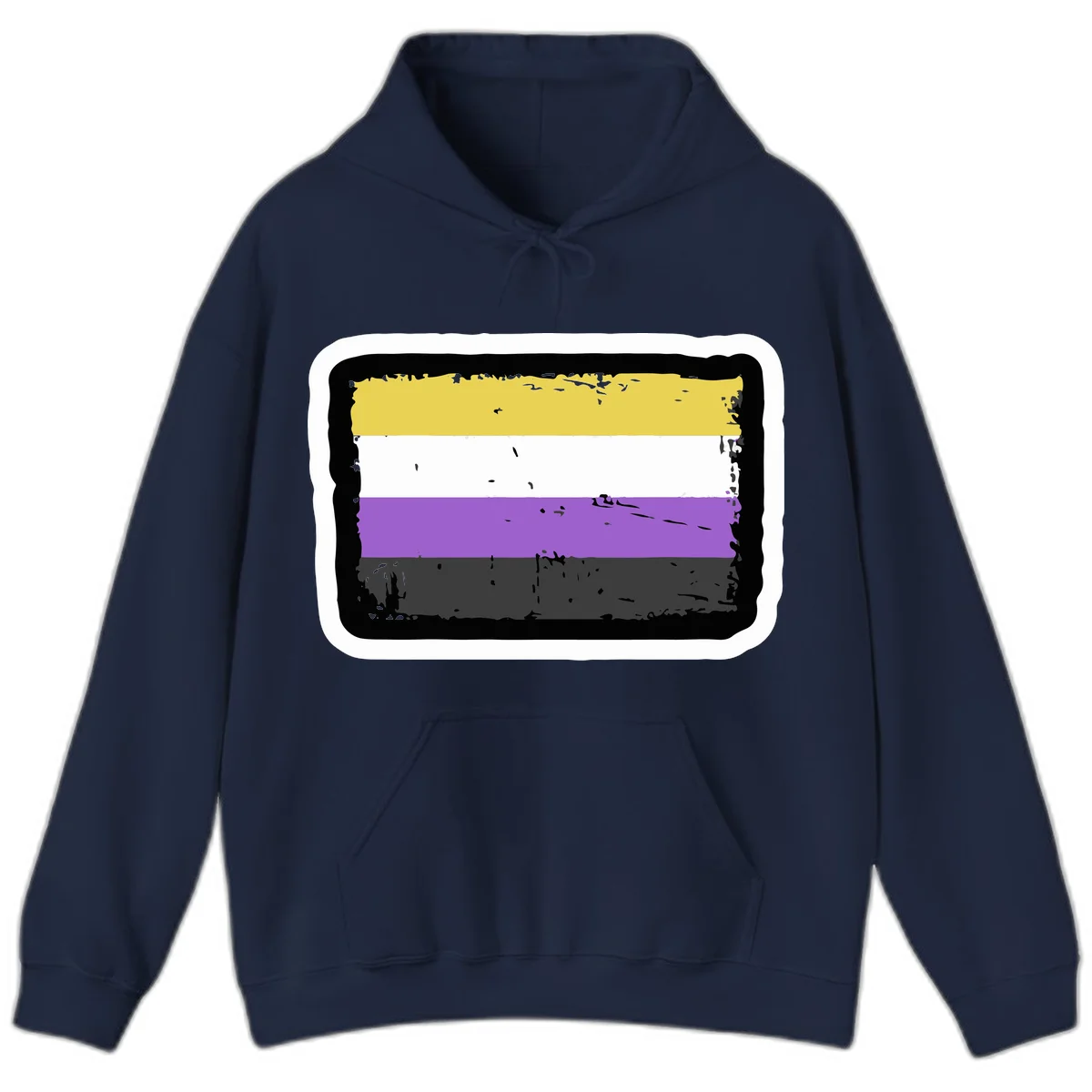 Nonbinary pride flag design with yellow, white, purple, and gray horizontal stripes in distressed grunge style in Navy