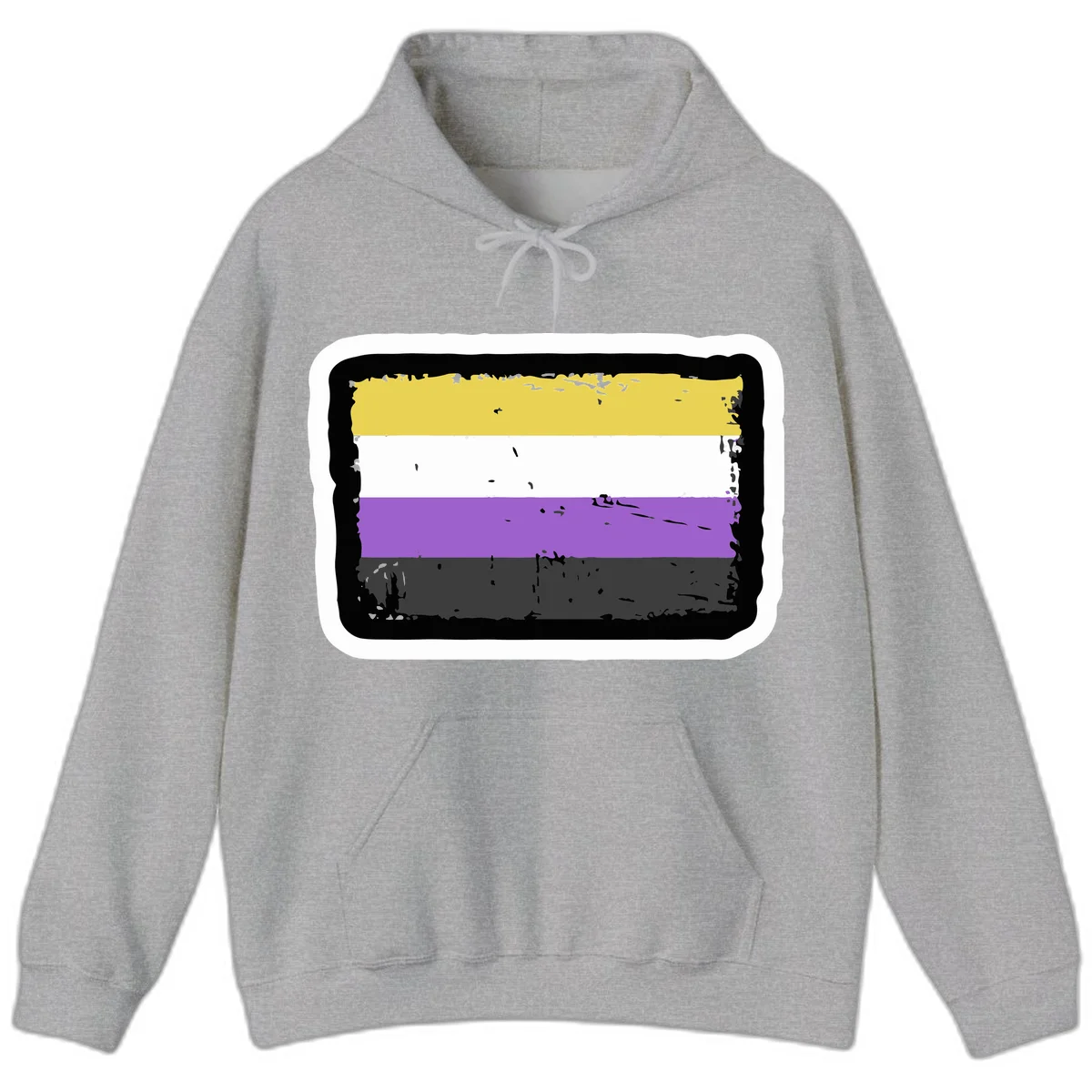 Nonbinary pride flag design with yellow, white, purple, and gray horizontal stripes in distressed grunge style in Sport Grey
