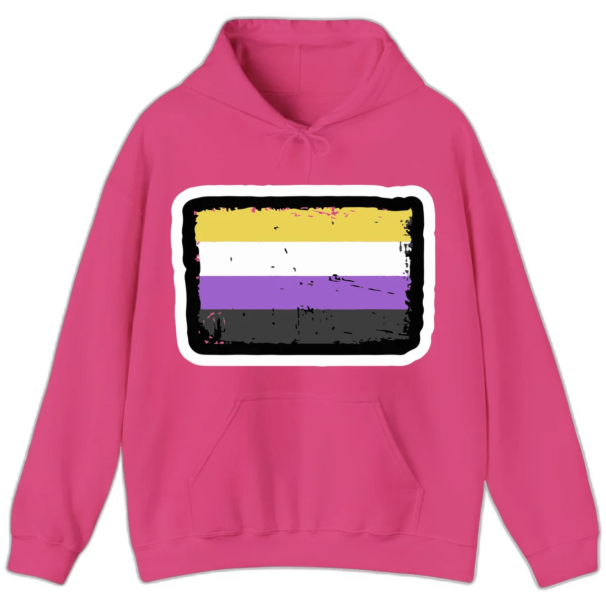 Nonbinary pride flag design with yellow, white, purple, and gray horizontal stripes in distressed grunge style in Heliconia