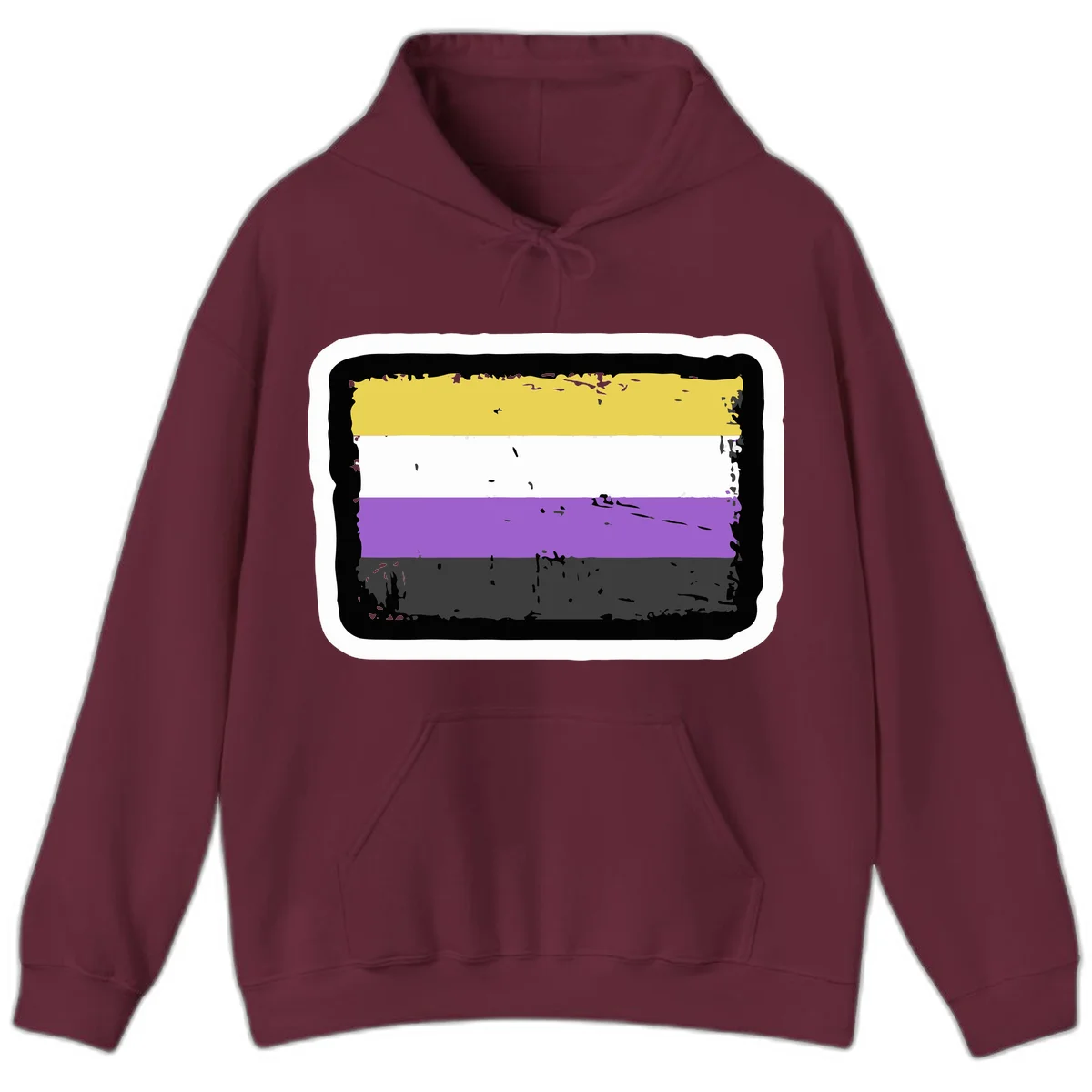 Nonbinary pride flag design with yellow, white, purple, and gray horizontal stripes in distressed grunge style in Maroon
