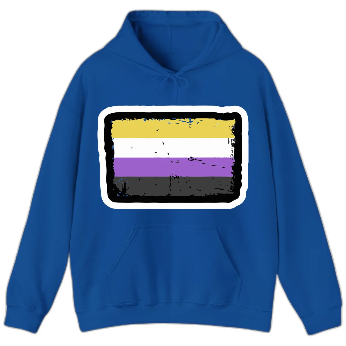 Nonbinary pride flag design with yellow, white, purple, and gray horizontal stripes in distressed grunge style in Royal