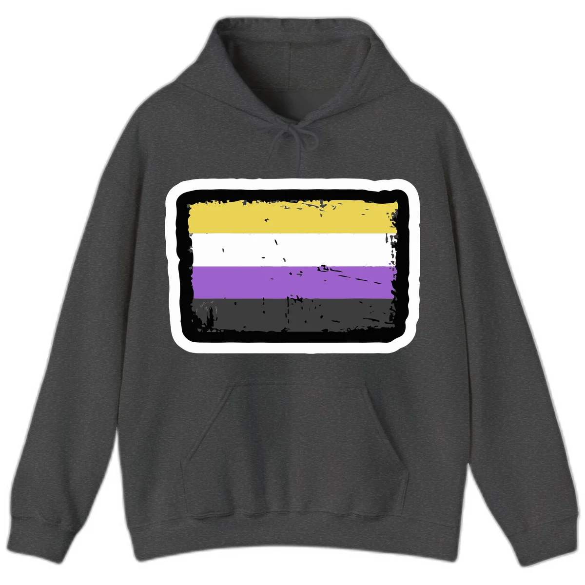 Nonbinary pride flag design with yellow, white, purple, and gray horizontal stripes in distressed grunge style in Dark Heather