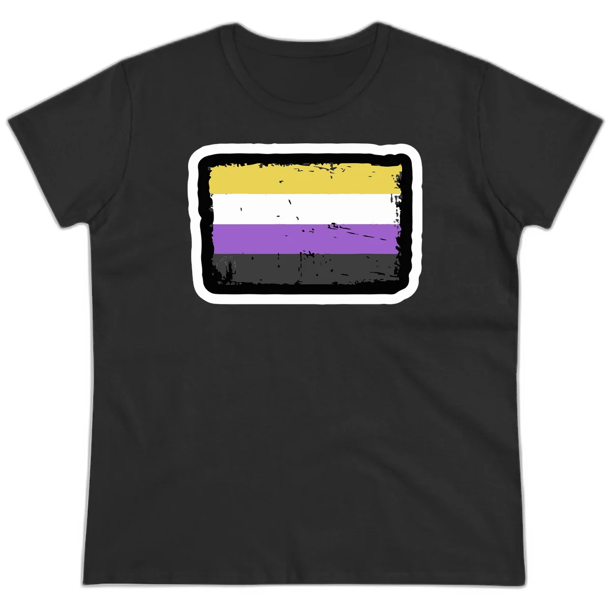 Nonbinary pride flag design with yellow, white, purple, and gray horizontal stripes in distressed grunge style in Black