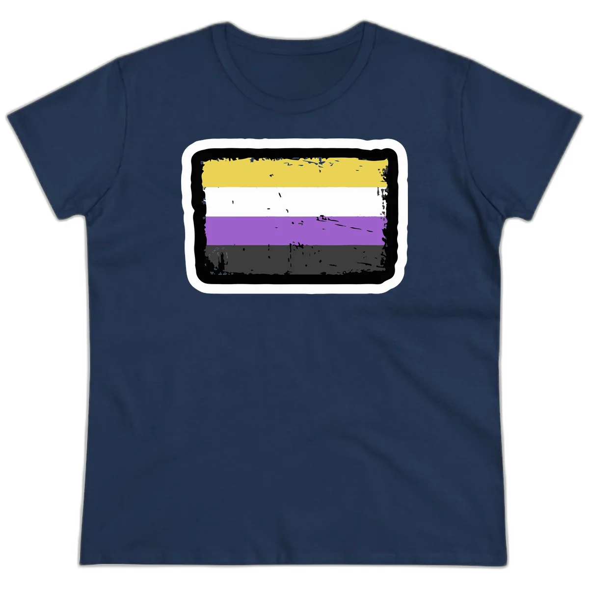 Nonbinary pride flag design with yellow, white, purple, and gray horizontal stripes in distressed grunge style in Navy