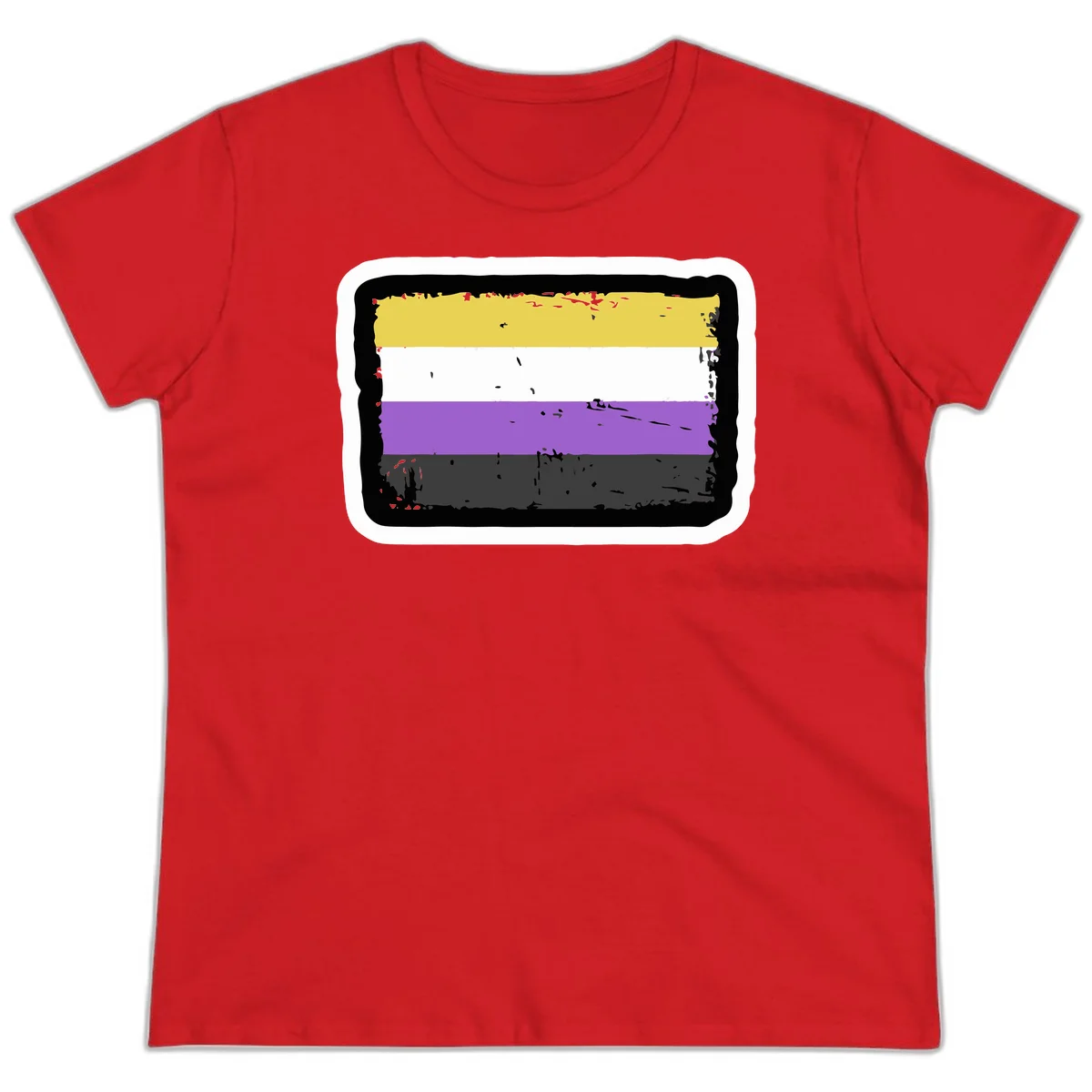 Nonbinary pride flag design with yellow, white, purple, and gray horizontal stripes in distressed grunge style in Red