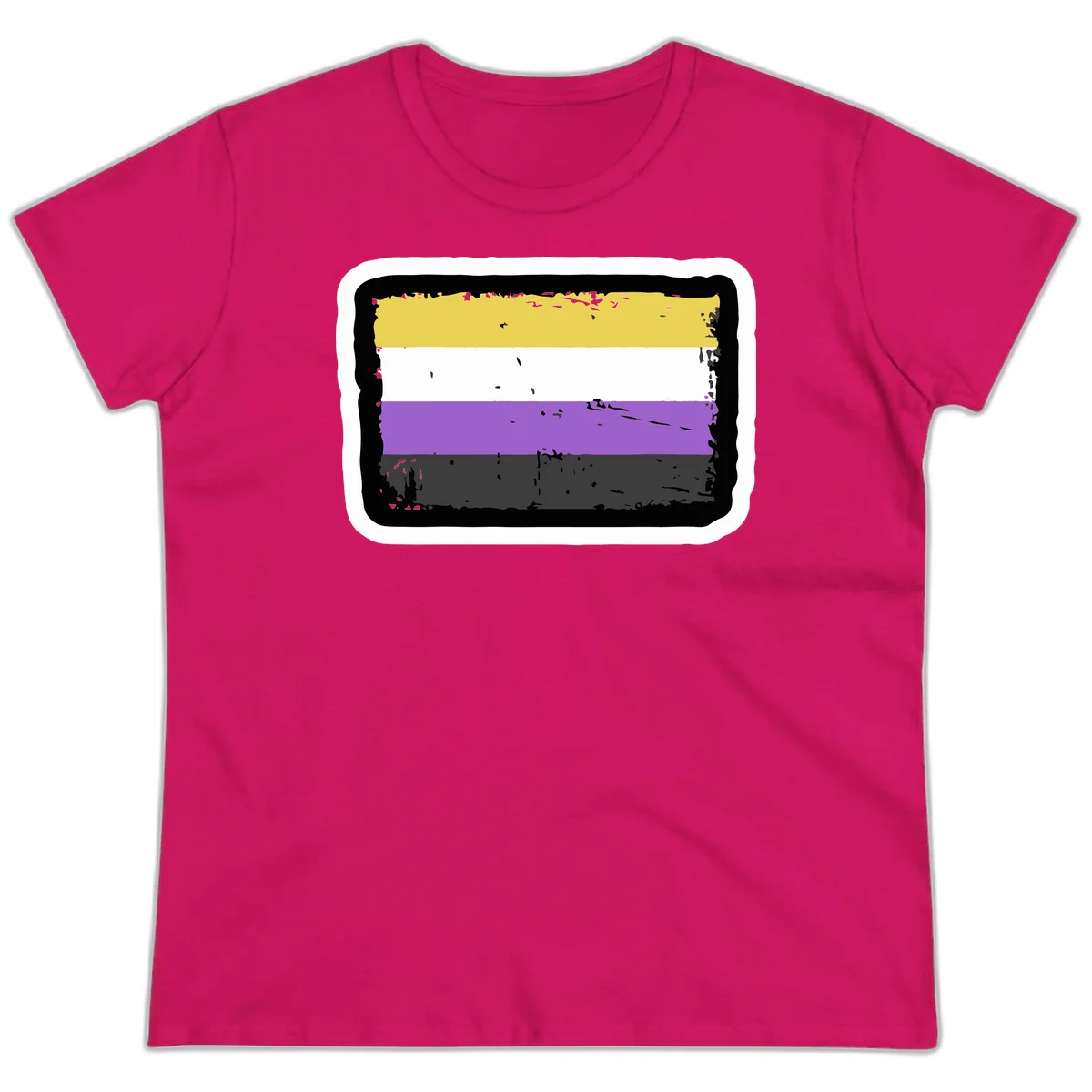 Nonbinary pride flag design with yellow, white, purple, and gray horizontal stripes in distressed grunge style in Heliconia