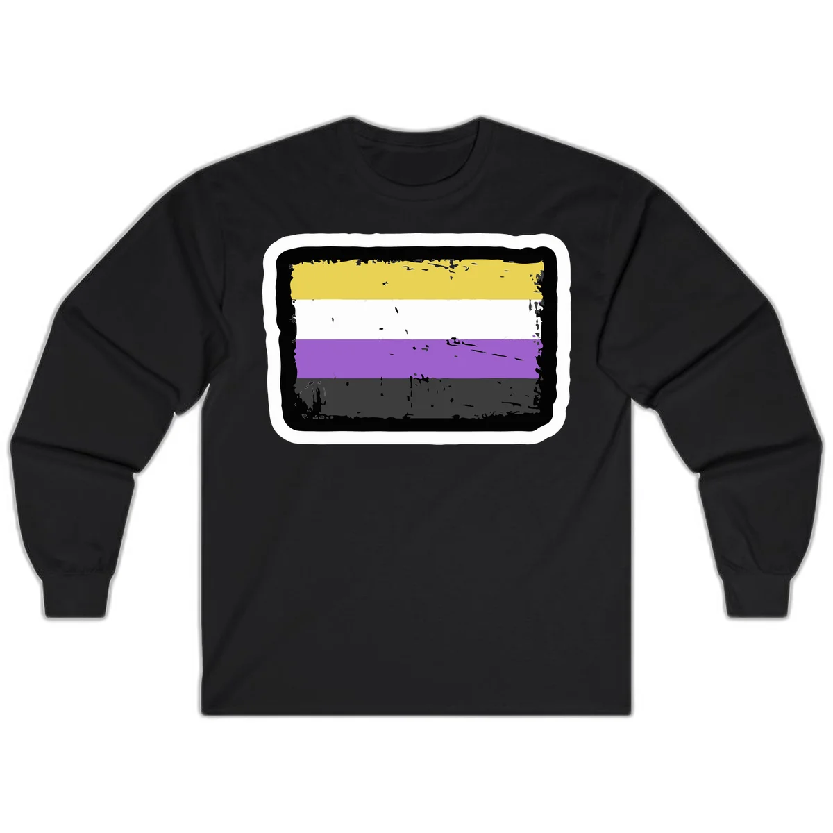 Nonbinary pride flag design with yellow, white, purple, and gray horizontal stripes in distressed grunge style in Black