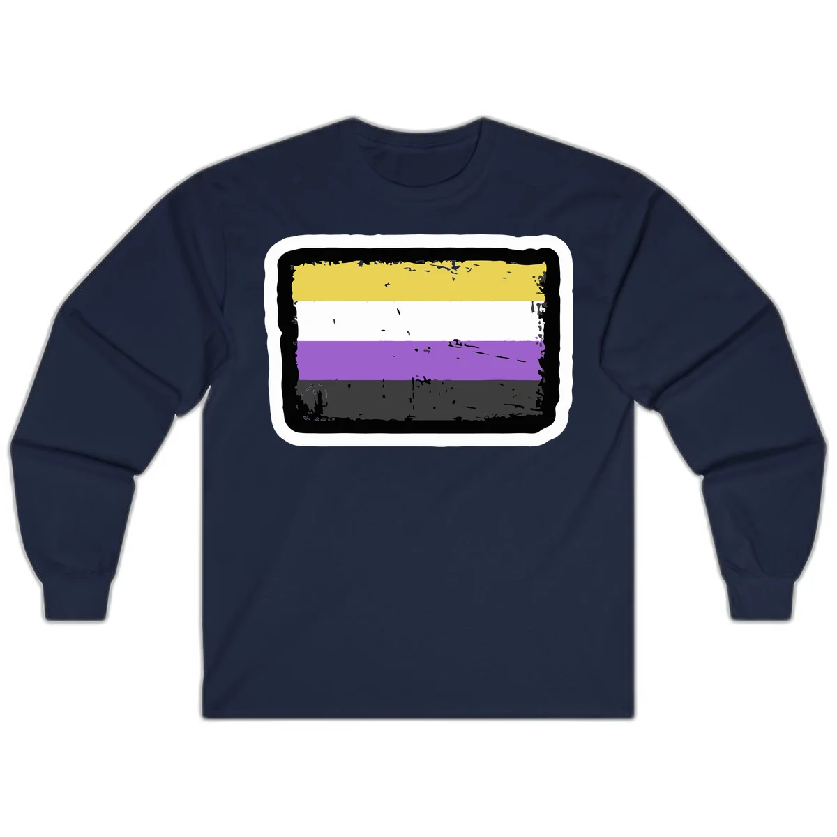 Nonbinary pride flag design with yellow, white, purple, and gray horizontal stripes in distressed grunge style in Navy