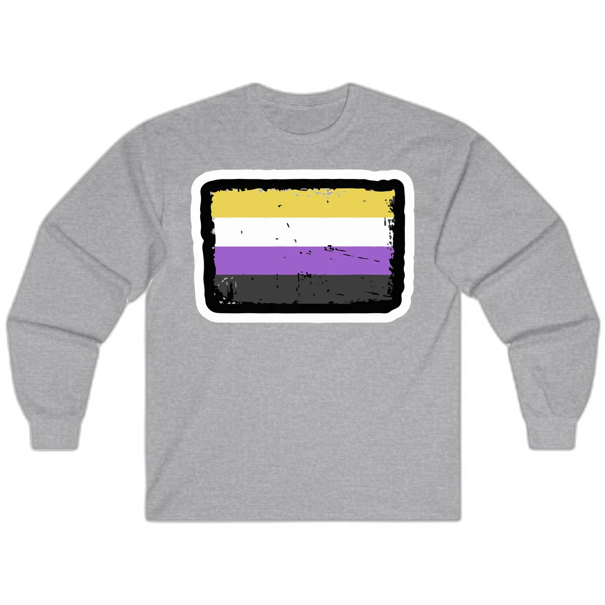 Nonbinary pride flag design with yellow, white, purple, and gray horizontal stripes in distressed grunge style in Sport Grey