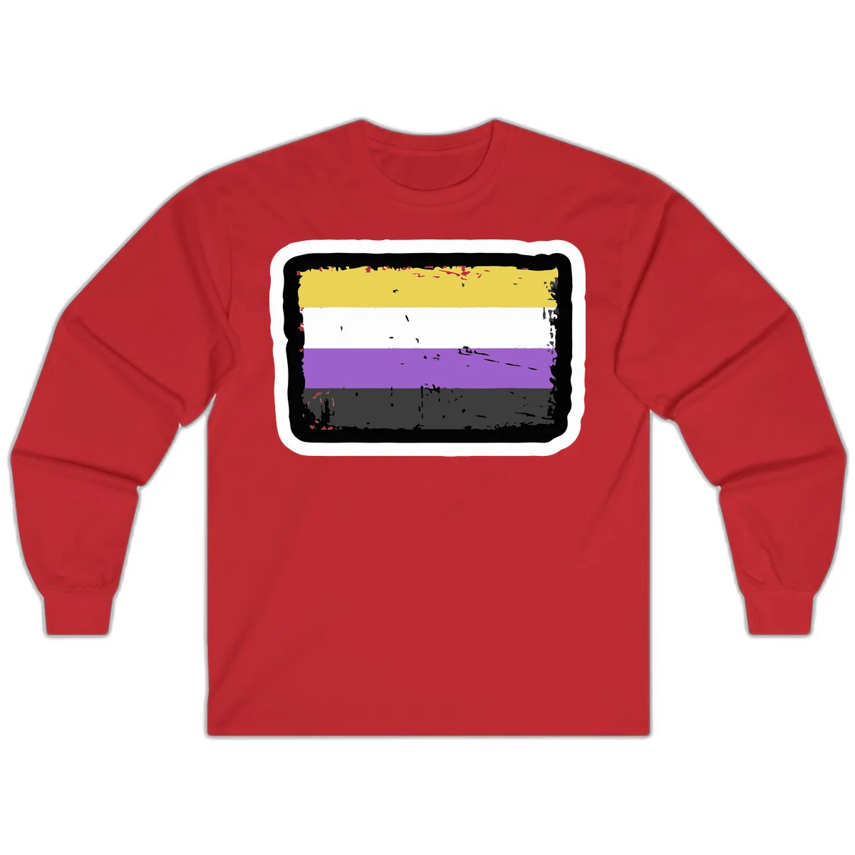 Nonbinary pride flag design with yellow, white, purple, and gray horizontal stripes in distressed grunge style in Red