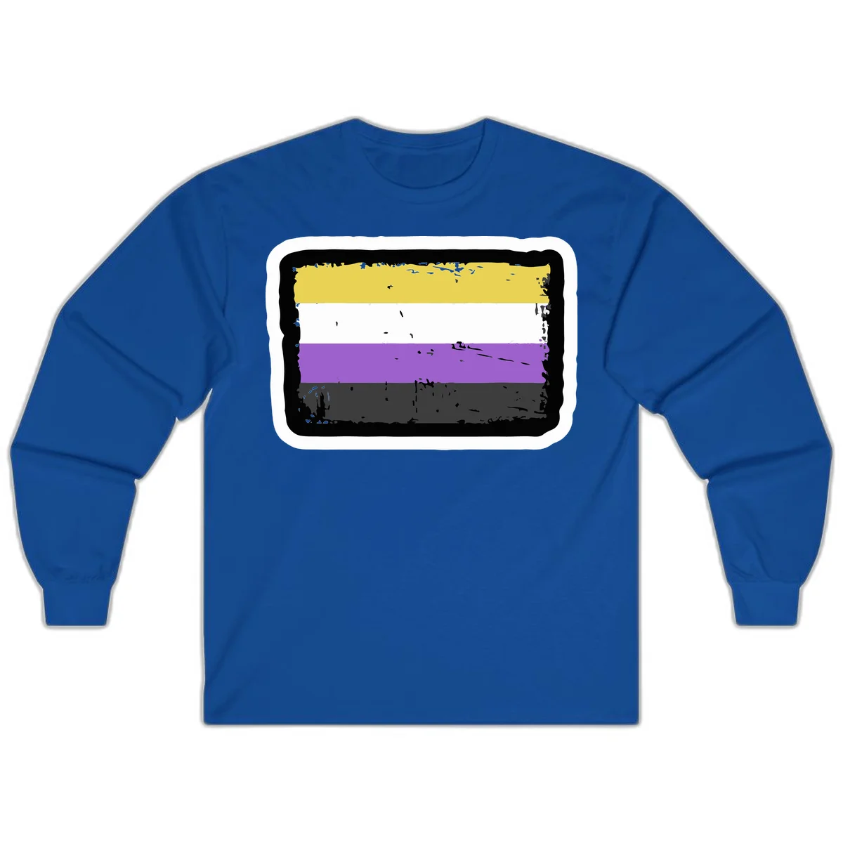 Nonbinary pride flag design with yellow, white, purple, and gray horizontal stripes in distressed grunge style in Royal