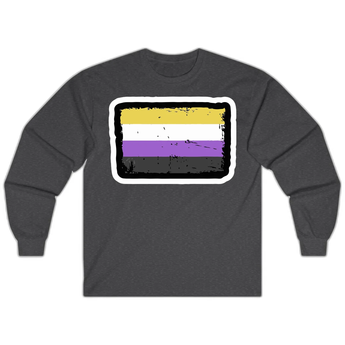Nonbinary pride flag design with yellow, white, purple, and gray horizontal stripes in distressed grunge style in Dark Heather