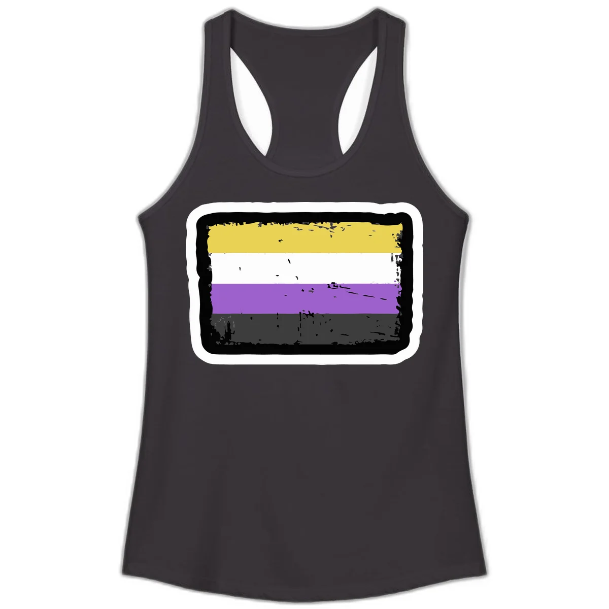 Nonbinary pride flag design with yellow, white, purple, and gray horizontal stripes in distressed grunge style in Black
