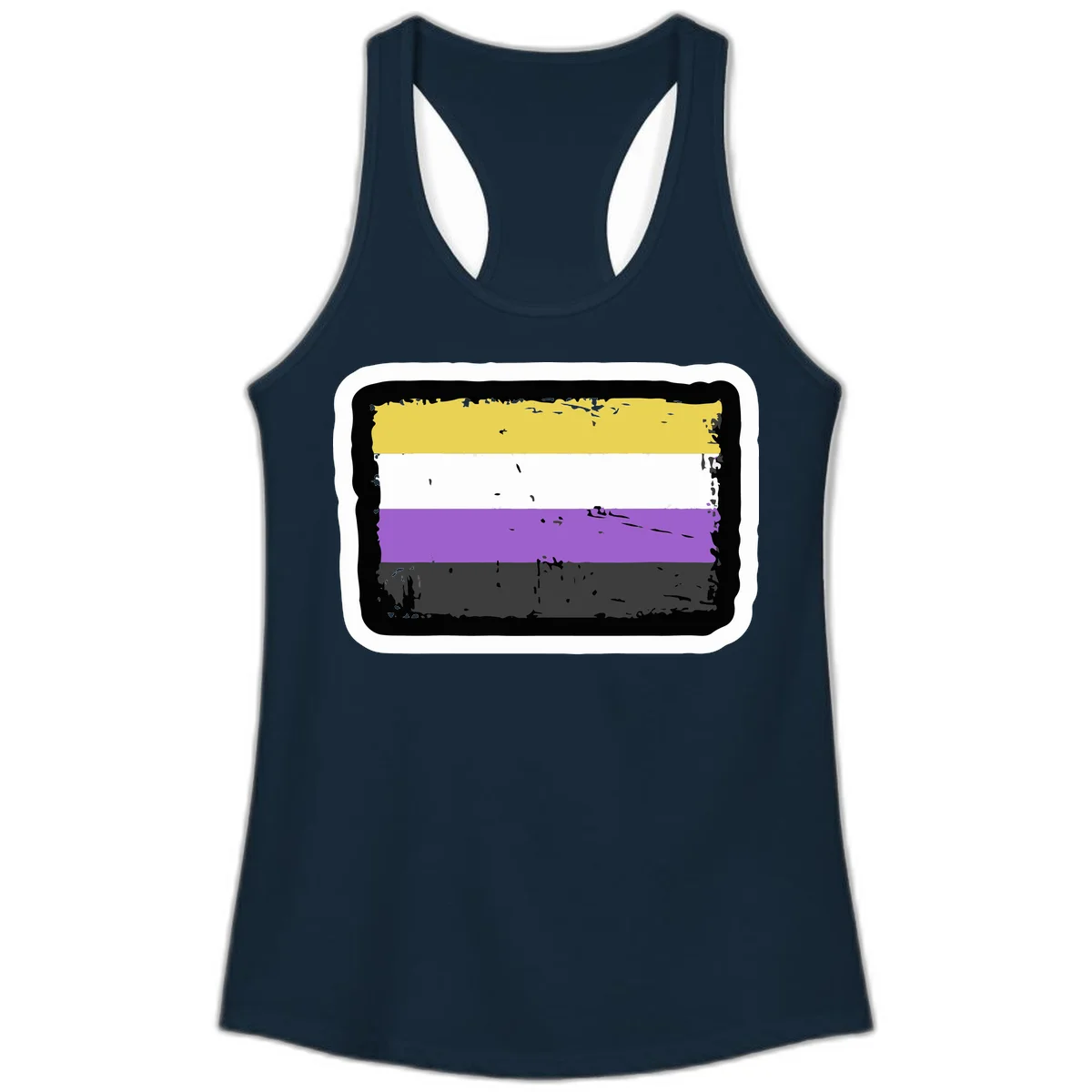 Nonbinary pride flag design with yellow, white, purple, and gray horizontal stripes in distressed grunge style in Solid Midnight Navy