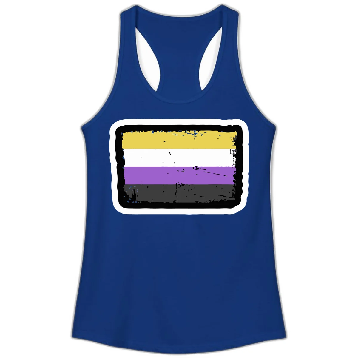 Nonbinary pride flag design with yellow, white, purple, and gray horizontal stripes in distressed grunge style in Solid Royal