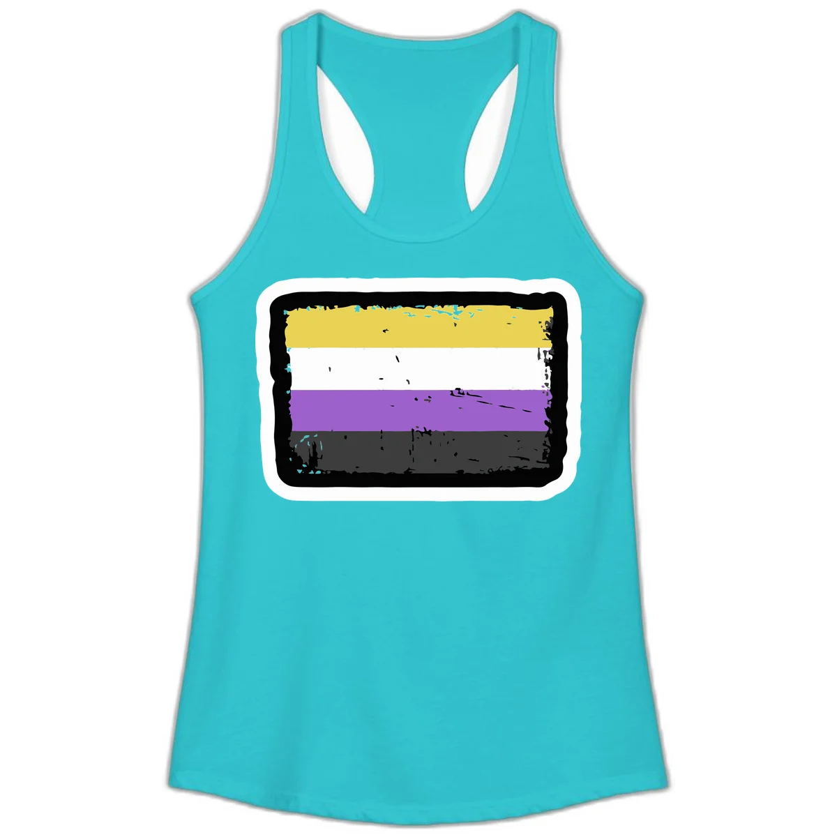 Nonbinary pride flag design with yellow, white, purple, and gray horizontal stripes in distressed grunge style in Solid Tahiti Blue