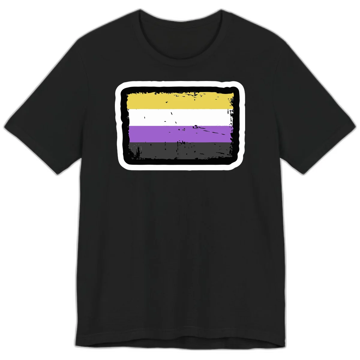 Nonbinary pride flag design with yellow, white, purple, and gray horizontal stripes in distressed grunge style in Black