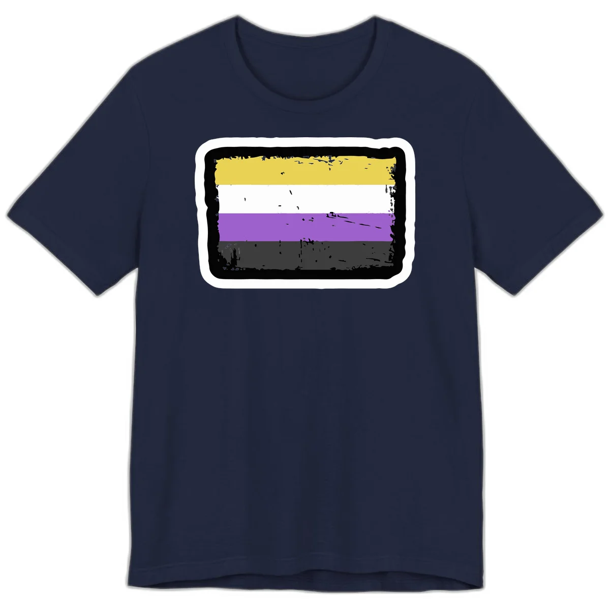Nonbinary pride flag design with yellow, white, purple, and gray horizontal stripes in distressed grunge style in Navy