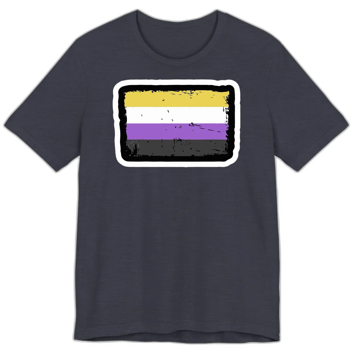 Nonbinary pride flag design with yellow, white, purple, and gray horizontal stripes in distressed grunge style in Heather Midnight Navy
