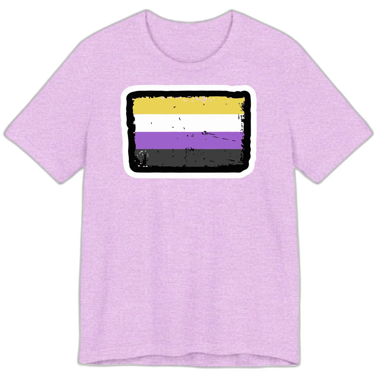 Nonbinary pride flag design with yellow, white, purple, and gray horizontal stripes in distressed grunge style in Heather Prism Lilac